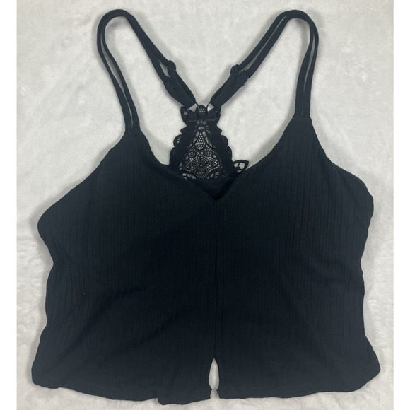Aerie Size XL Women's Lace Racerback Built In Bra Cropped Tank Top Black Ribbed - Picture 1 of 14